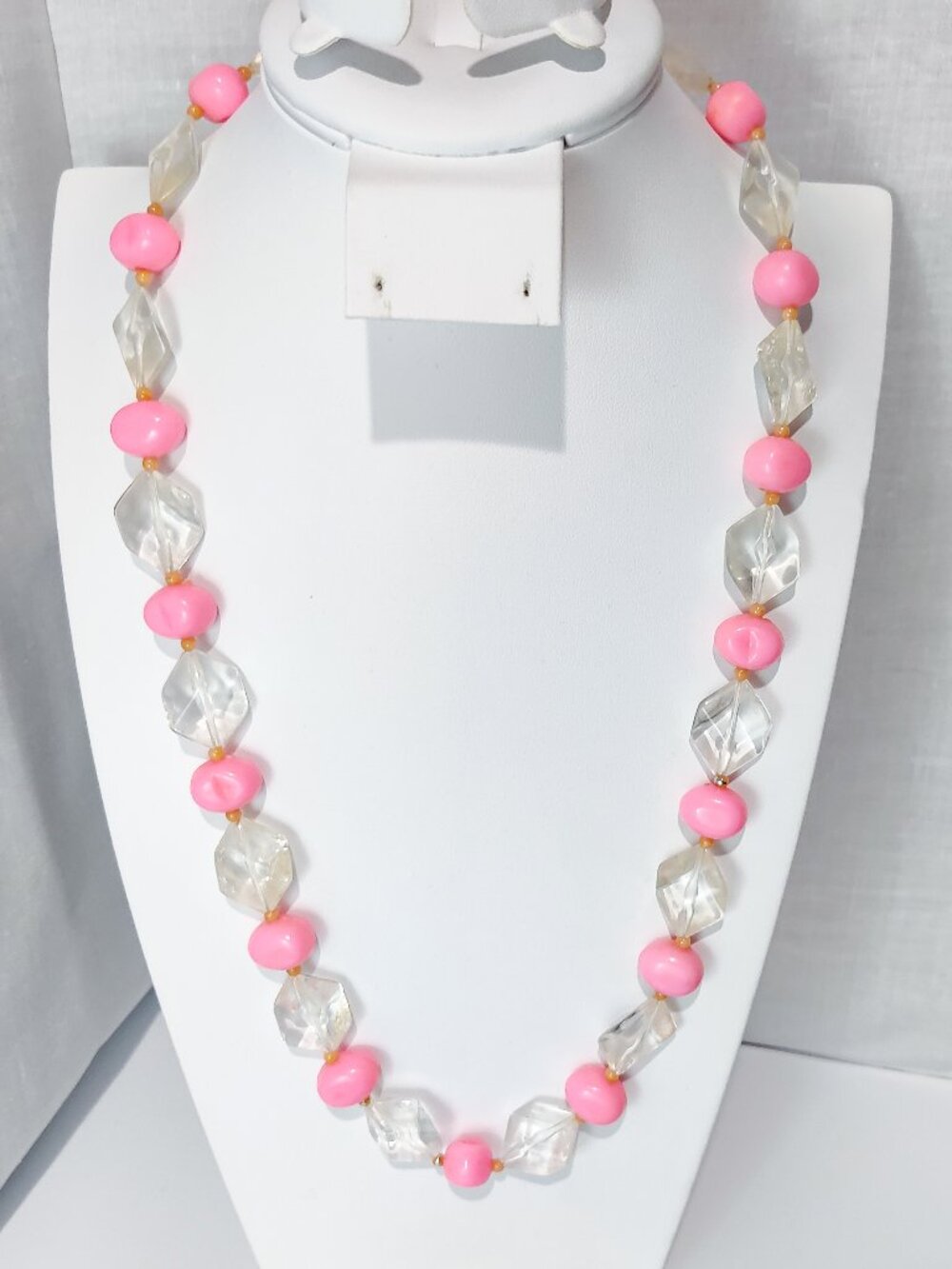 Vintage Pink Clear Plastic Bead Necklace Retro Statement